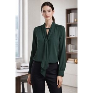 Express Conscious Edit Dark Green Tie Neck Blouse XS Long Sleeve Career Top
